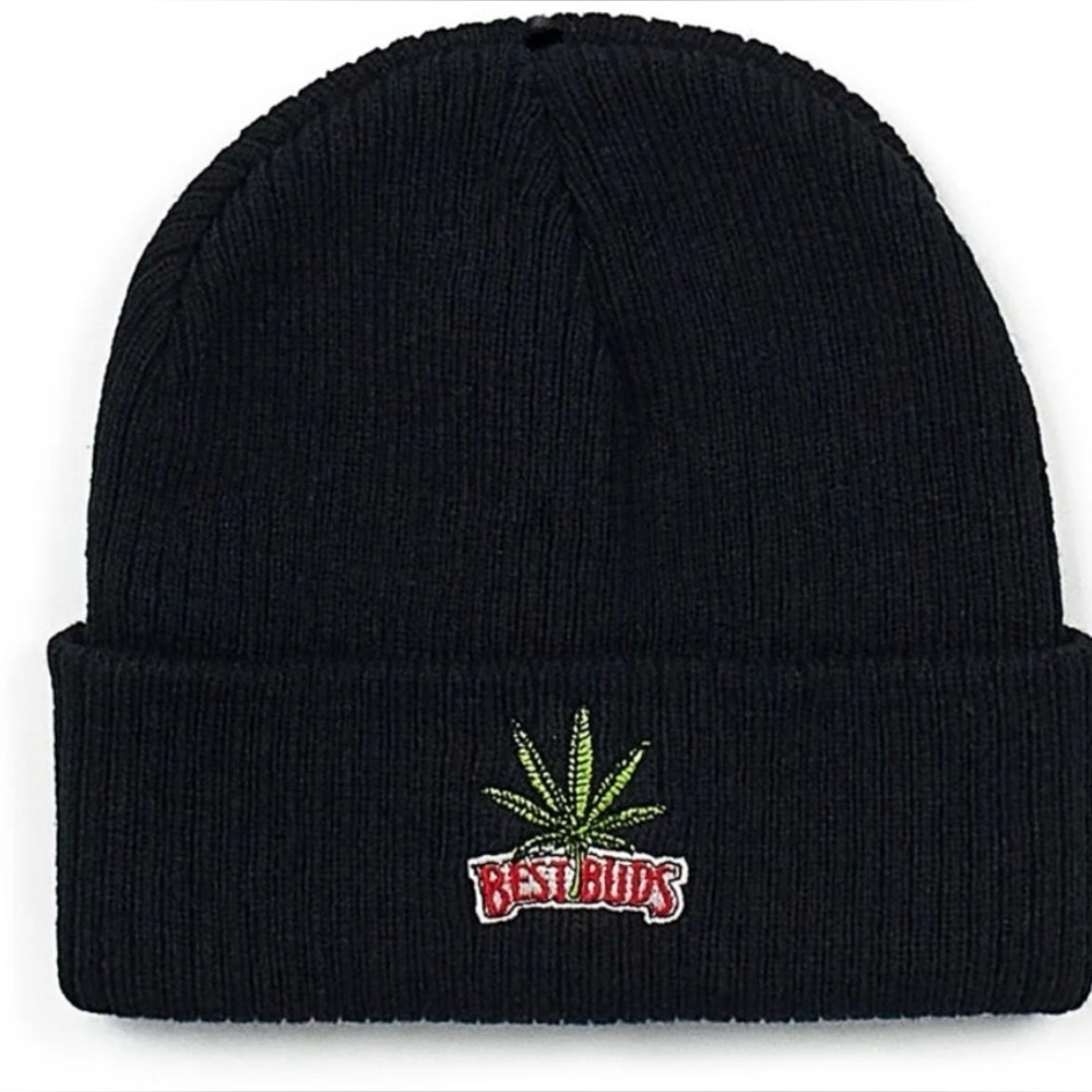 BEST BUDS BEANIE REASON GRAPHIC EMBROIDERED  RIBBED KNIT BEANIE BLACK NIP